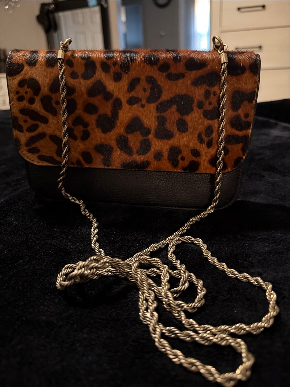 Cabi Beast Leopard Print Crossbody Bag with Gold Chain